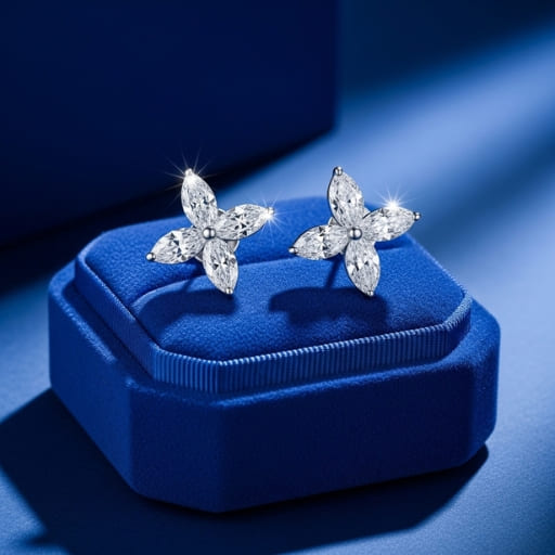 Marquise Diamond Floral Stud Earrings (Four-Petal Flower) - Image 2