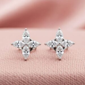 Marquise Diamond Floral Stud Earrings (Four-Petal Flower)