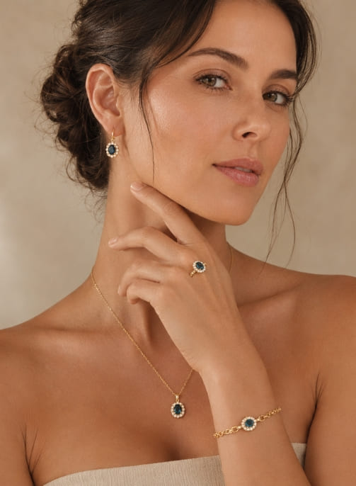 Woman wearing gemstone jewellery
