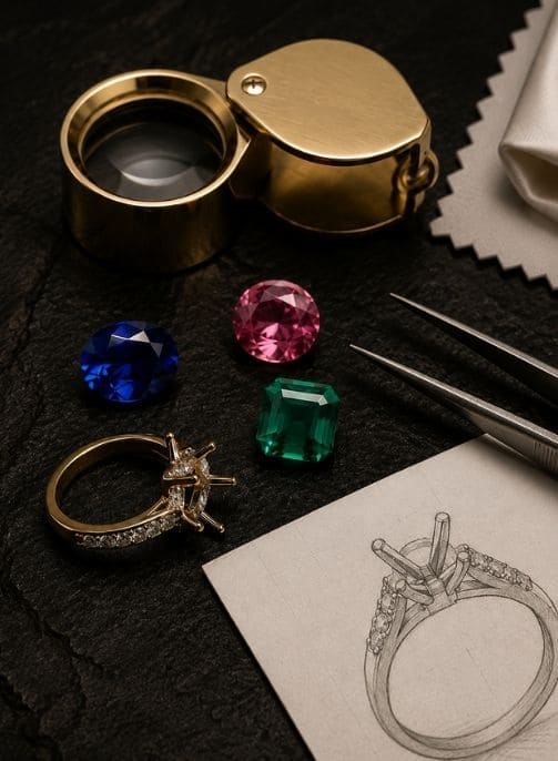 Rings and colourful gemstones on display