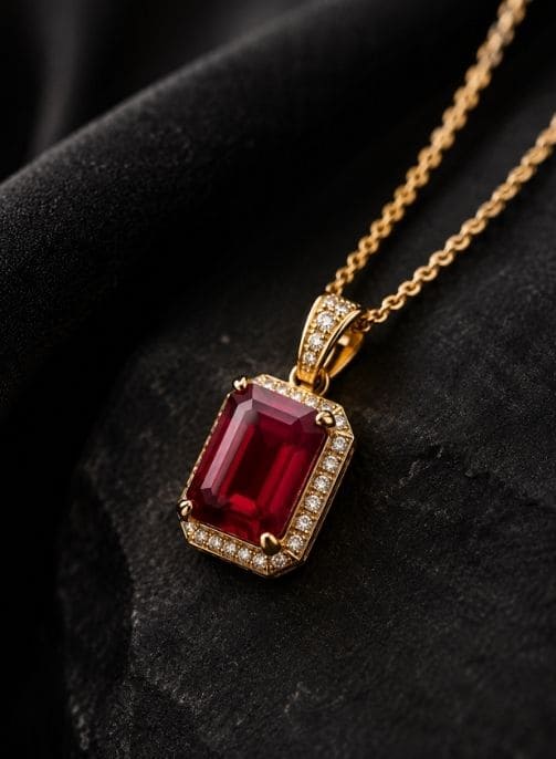 Ruby pendant necklace on black fabric