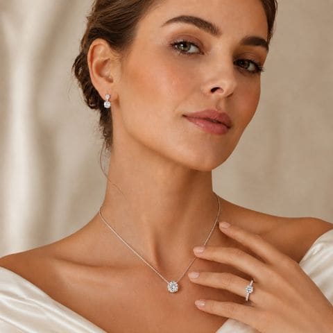 Woman wearing a diamond necklace and earrings